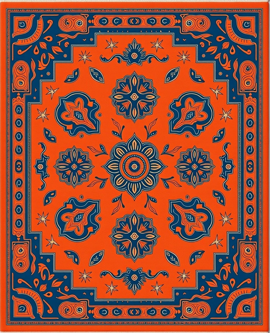 Vibrant Orange Blue Medallion Floral Rug