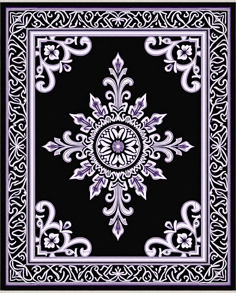 Elegant Black Purple Medallion Border Rug