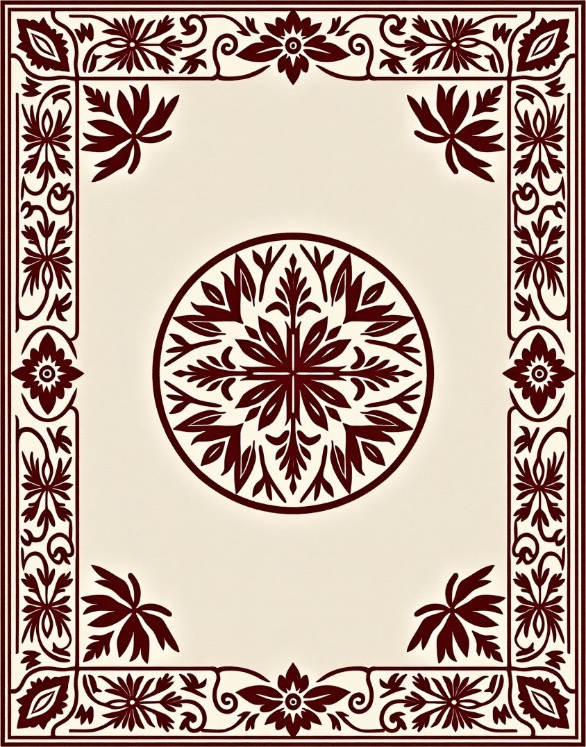 Rich Burgundy Floral Medallion Frame Rug