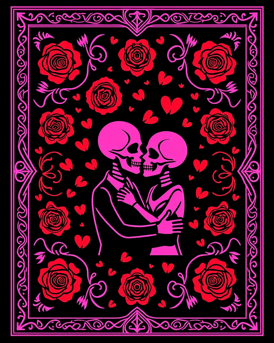 Pink Skeleton Couple With Red Roses Rug