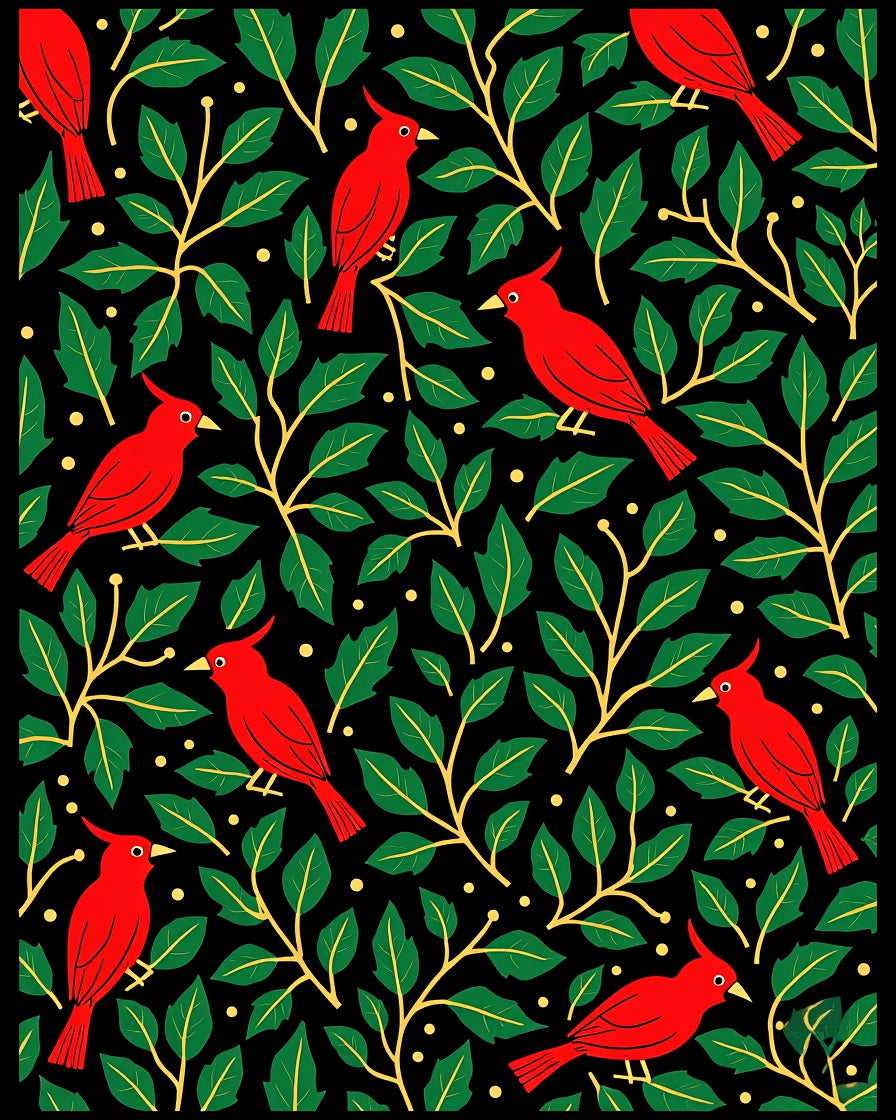Red Cardinal Green Leaf Botanical Black Rug