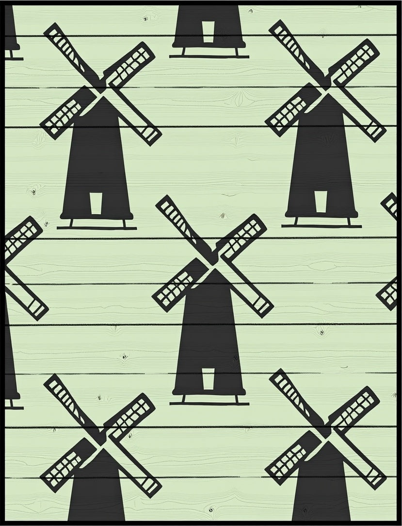 Black Windmill Silhouette Pale Green Background Rug