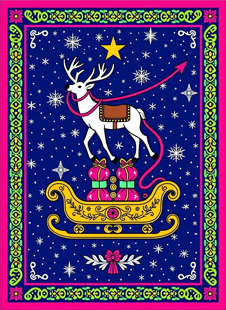 Vibrant Reindeer Sleigh Snowy Night Rug