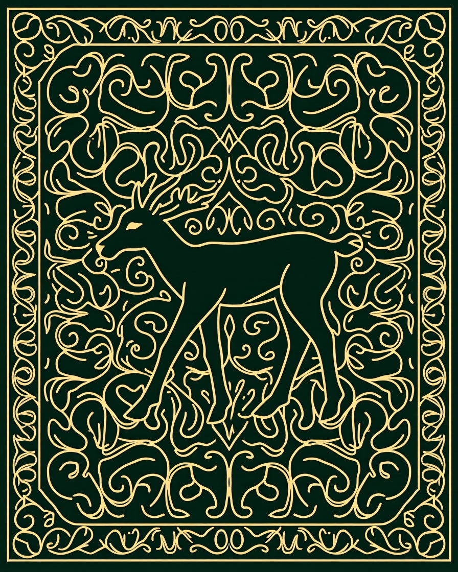 Dark Green Golden Deer Line Art Rug