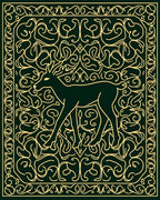 Dark Green Golden Deer Line Art Rug