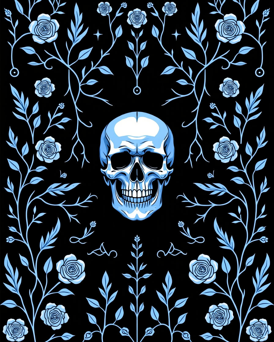 Light Blue Skull Floral Vine Rug