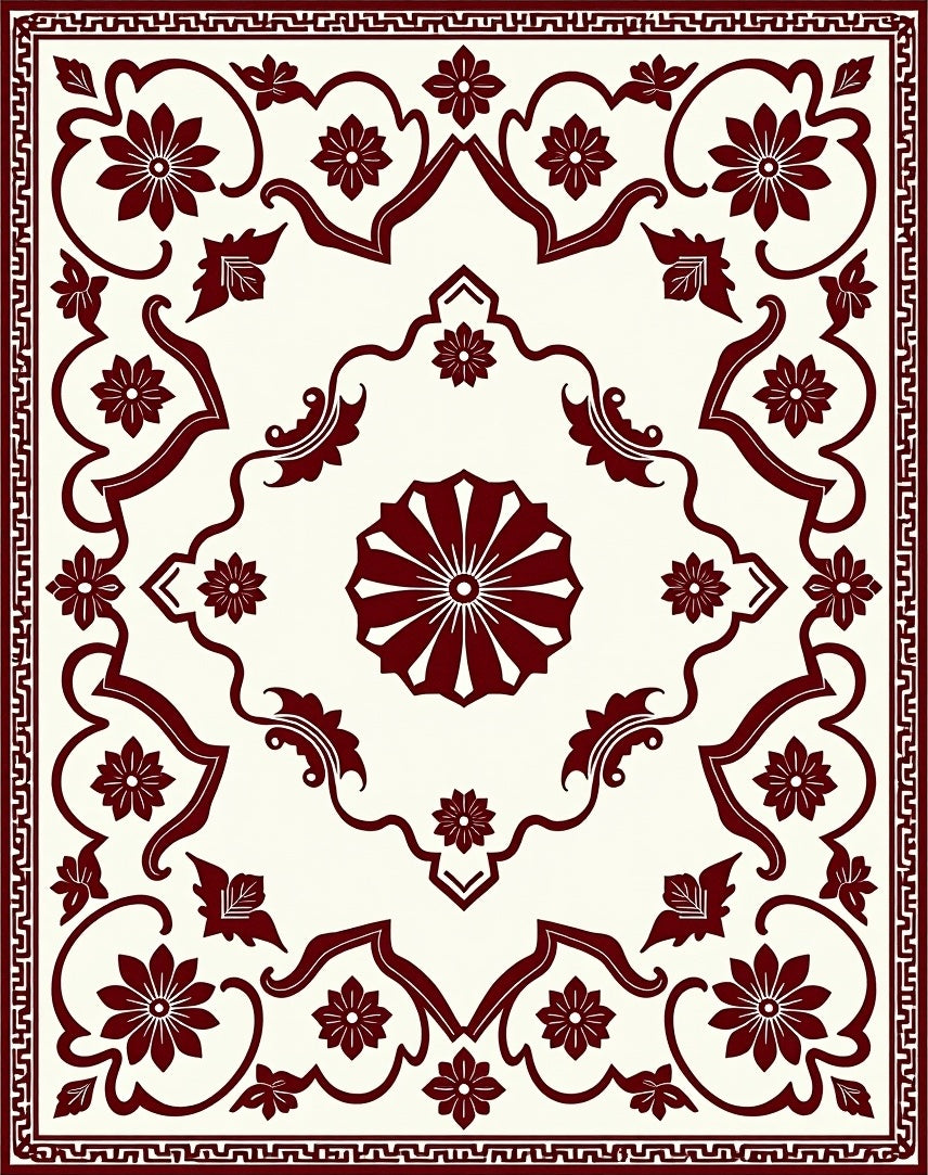 Deep Red Floral Symmetry Arrangement Rug