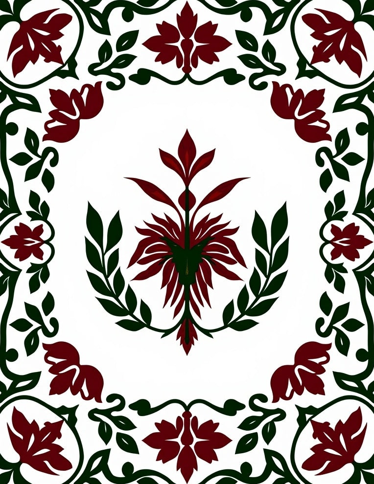 Deep Red Floral Scroll Border Rug