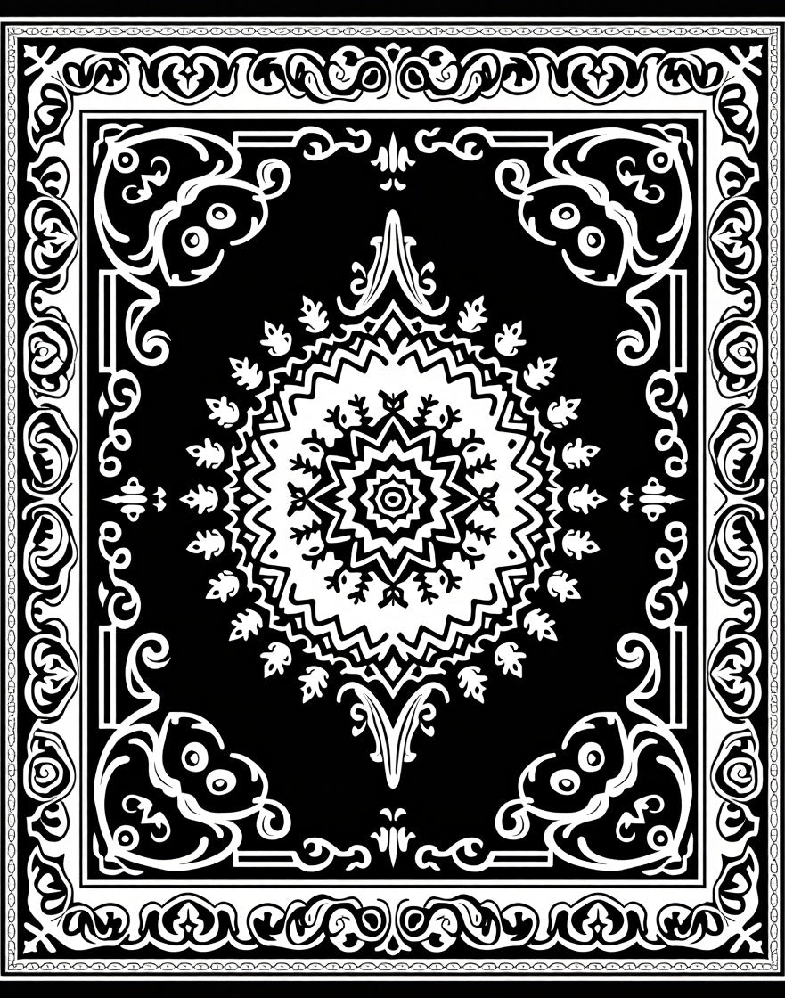 Black White Mandala Floral Border Rug