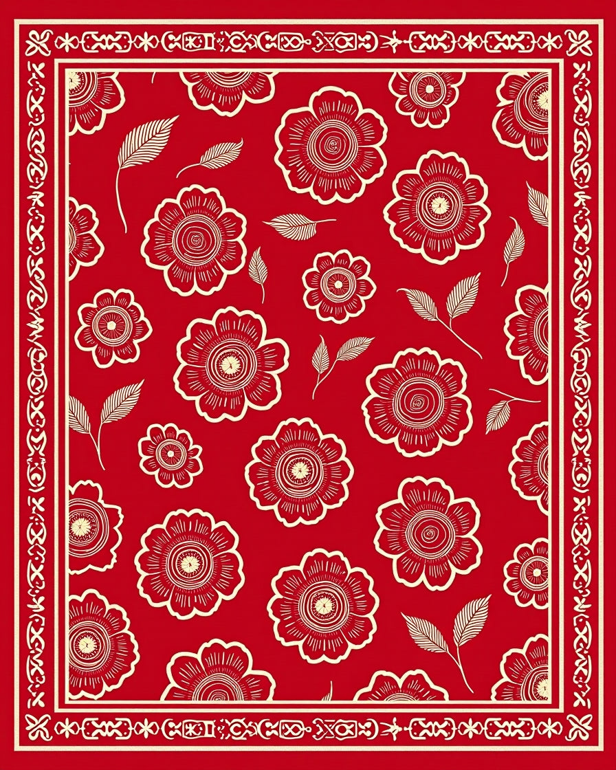 Crimson Floral Garden Frame Rug