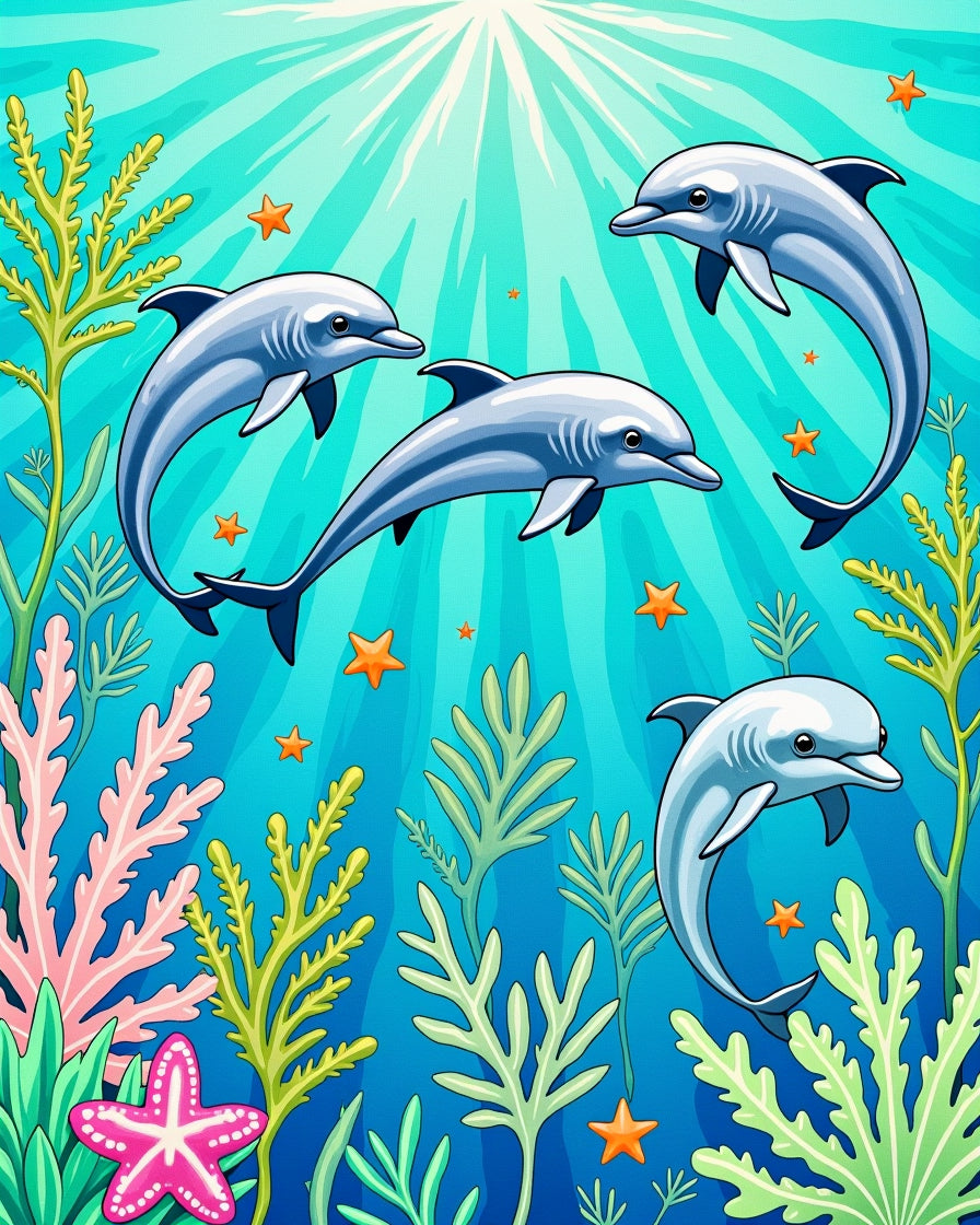 Playful Dolphins Ocean Coral Starfish Rug