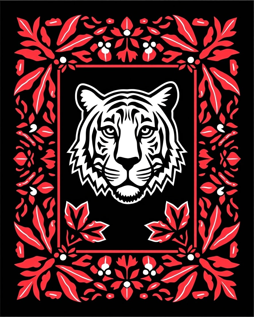 Bold Red Tiger Floral Frame Rug