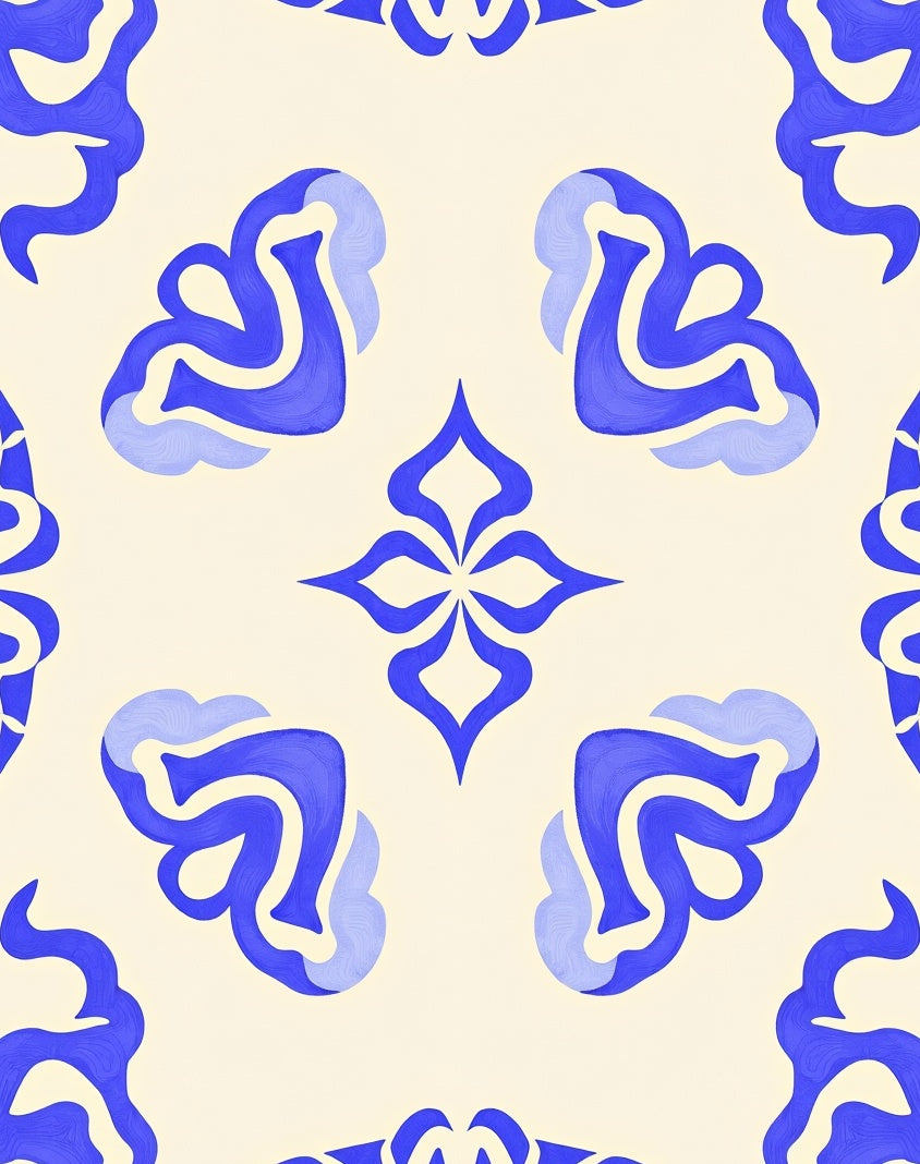 Abstract Blue Swirls on Cream Rug