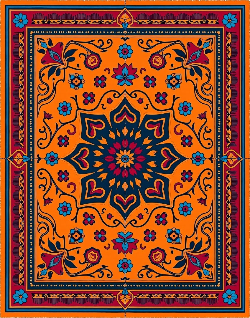 Bold Scarlet Blue Blooming Medallion Rug