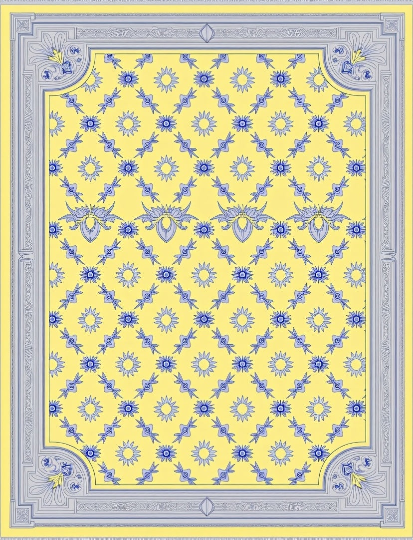 Yellow Blue Floral Lattice Border Rug