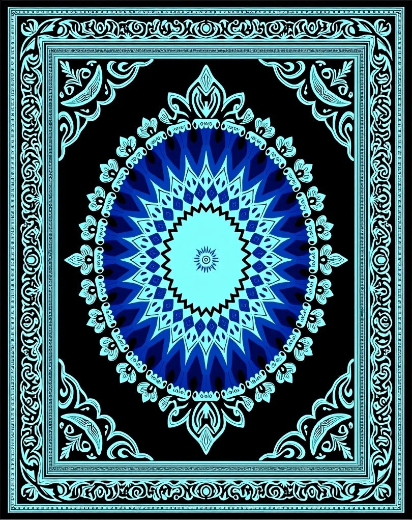 Electric Blue Medallion Black Border Rug