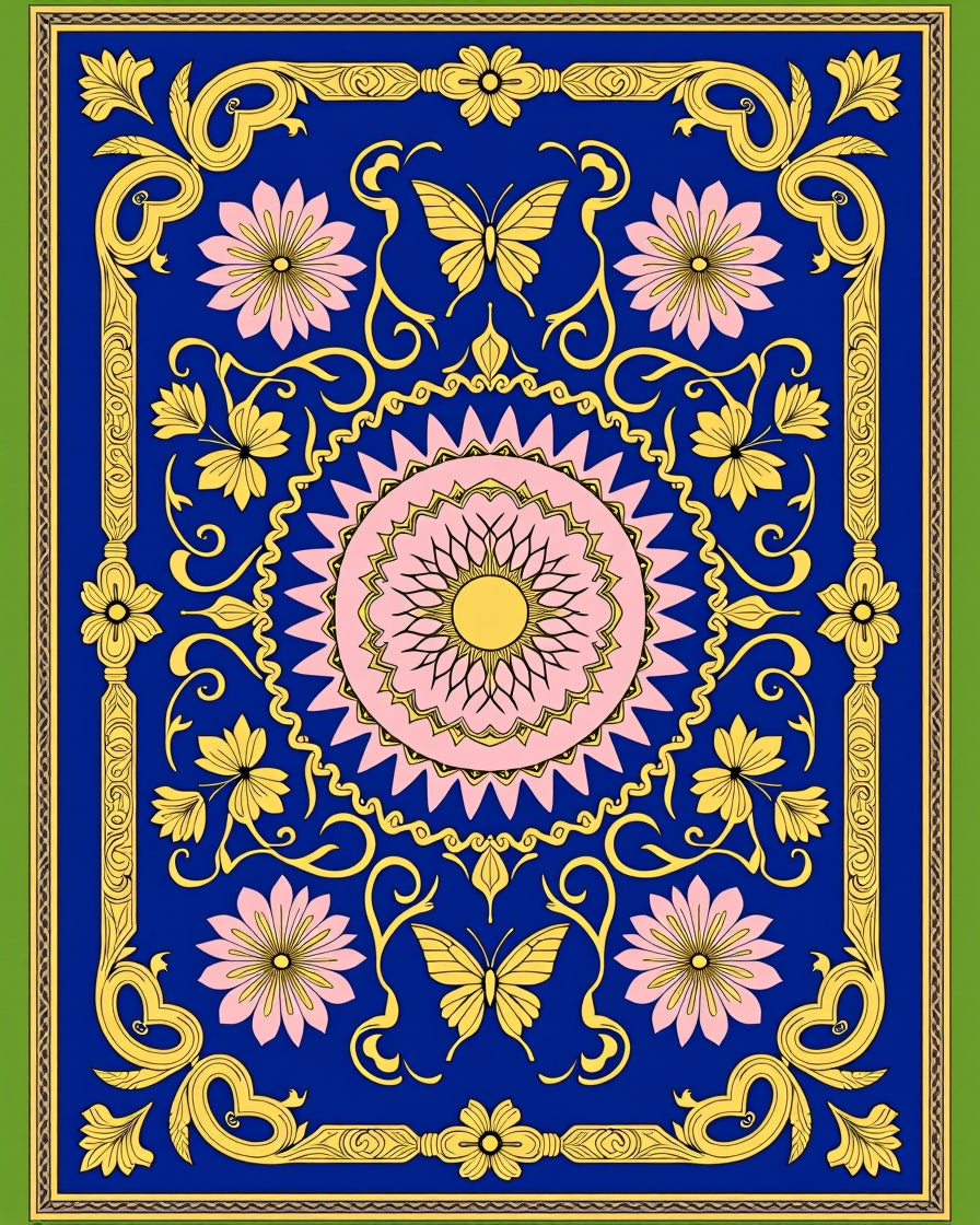 Royal Blue Golden Butterfly Floral Medallion Rug