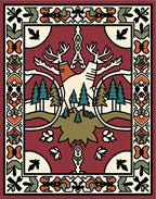 Deep Red Forest Scene Deer Rug