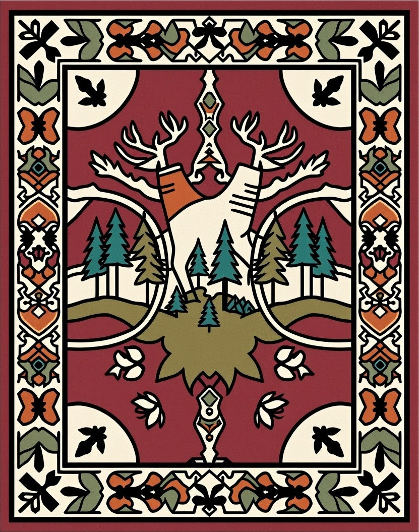 Deep Red Forest Scene Deer Rug