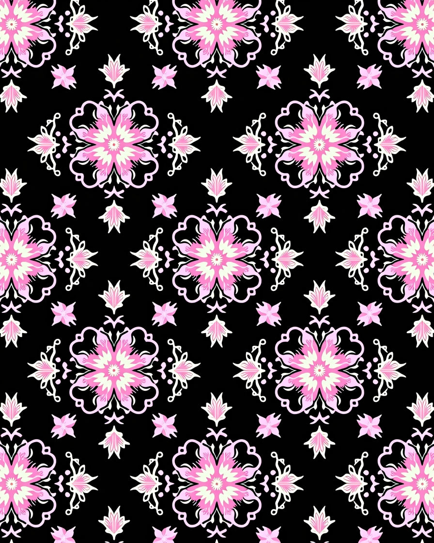 Pink White Floral Medallion Black Background Rug