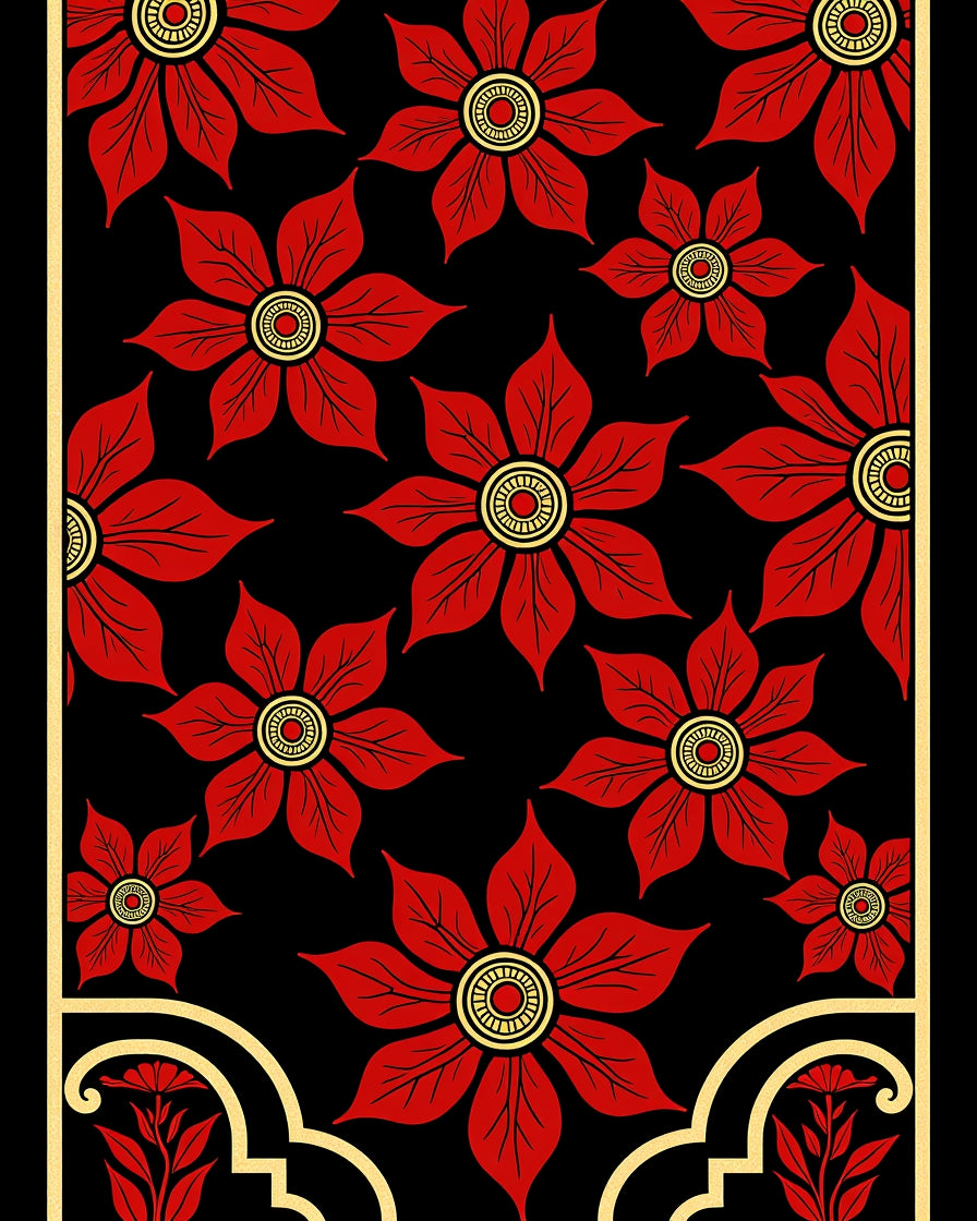 Vibrant Red Floral Medallion Black Rug