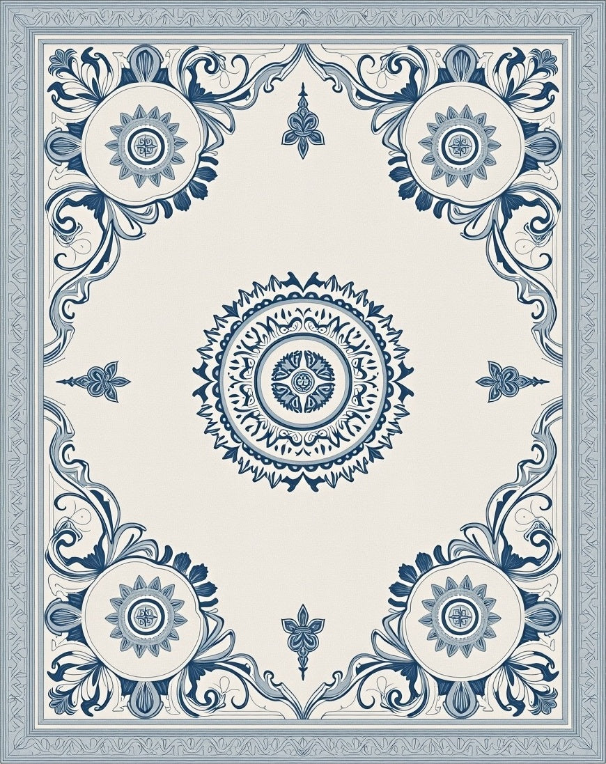 Classic Blue Floral Medallion Border Rug