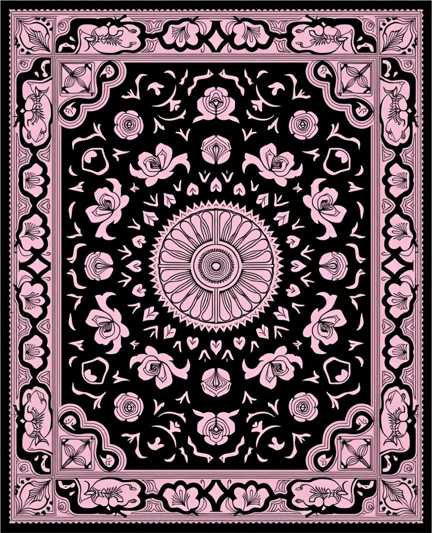 Black Pink Floral Mandala Brocade Rug
