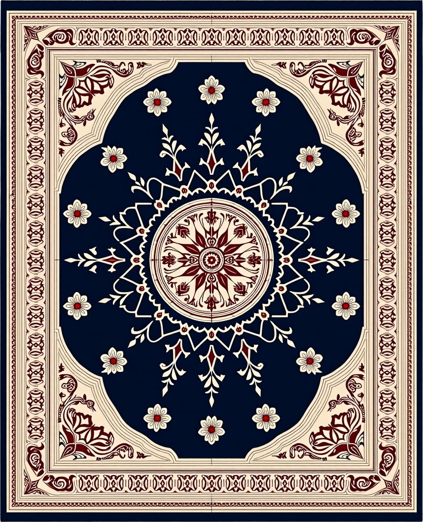 Deep Blue Crimson Floral Medallion Rug