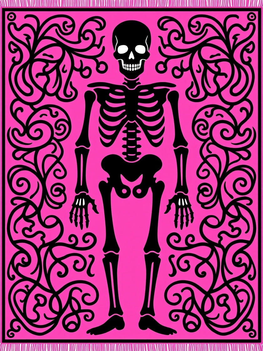 Hot Pink Skeleton With Black Swirls Rug