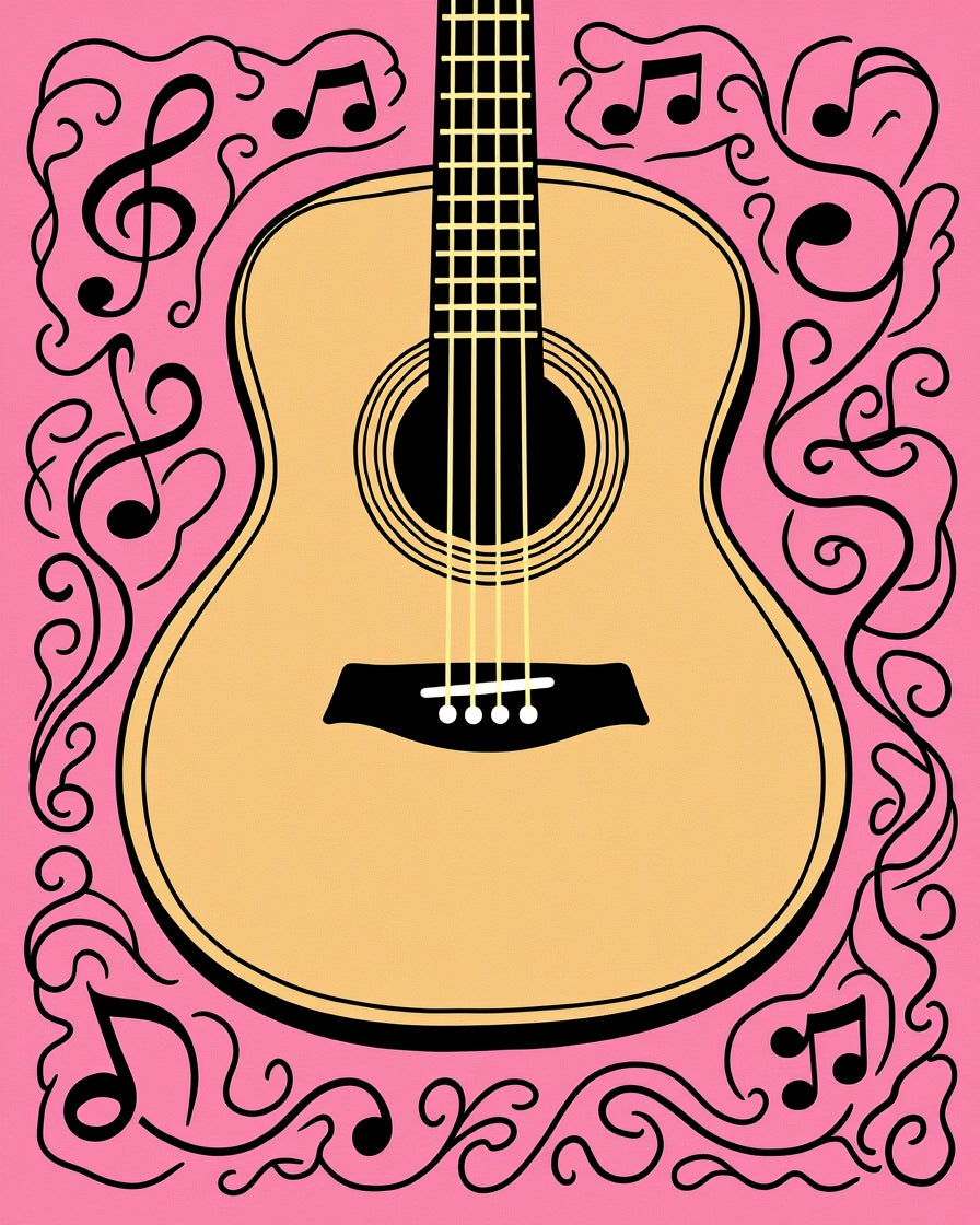 Pink Acoustic Guitar Music Notes Rug