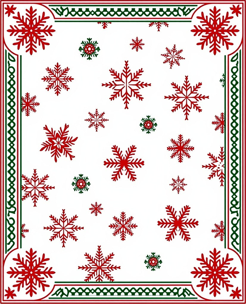 Red Green Snowflake Border Art Rug