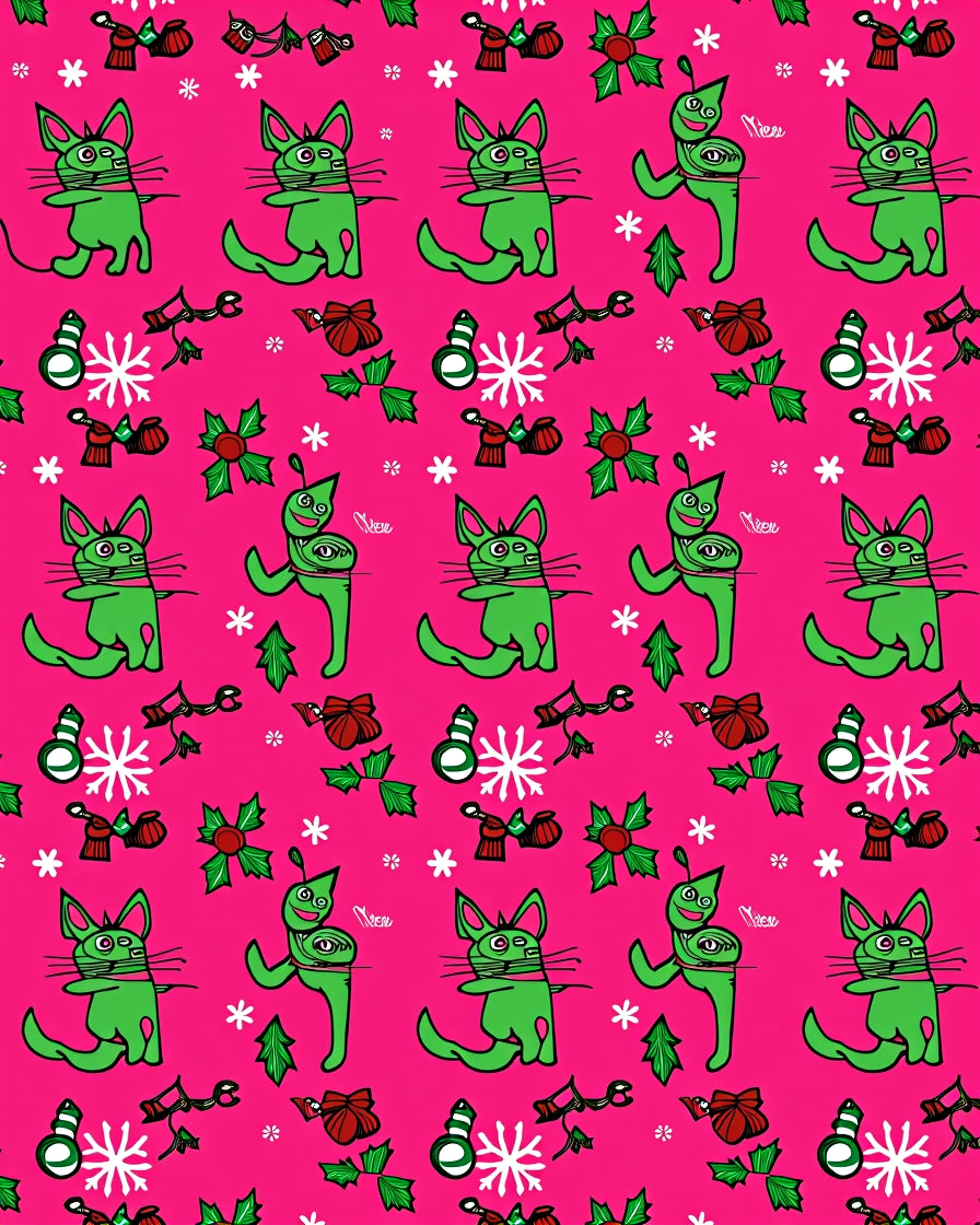 Pink Whimsical Green Cat Christmas Mittens Rug