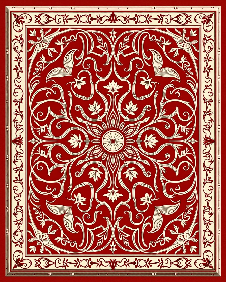 Crimson Ivory Floral Scrollwork Rug