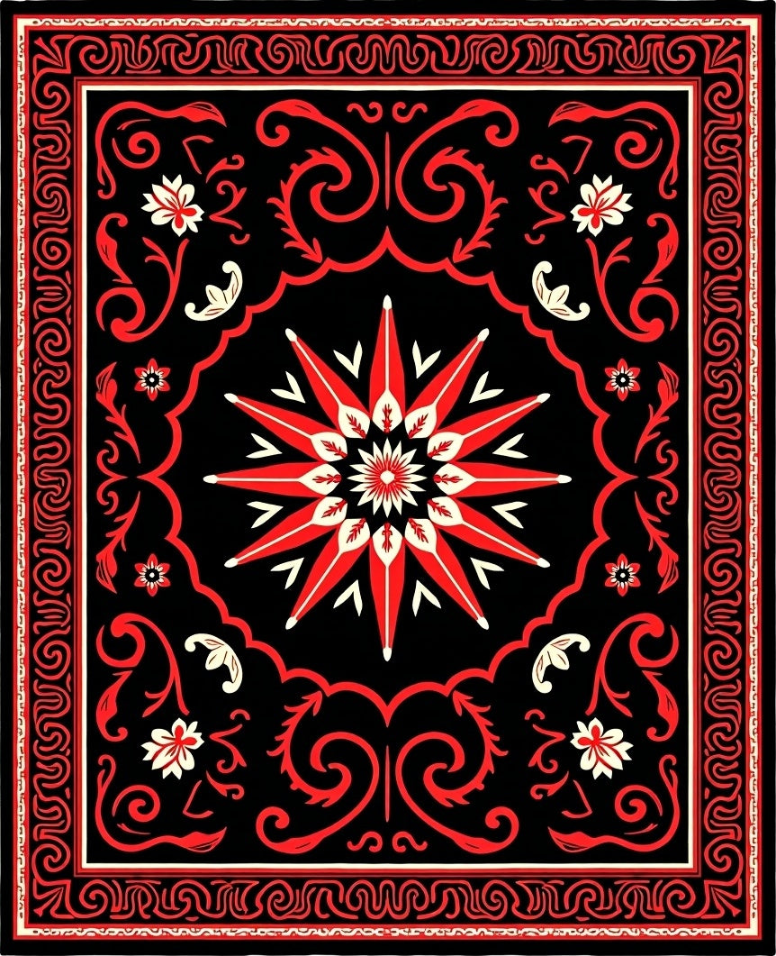 Red Black Star Floral Scroll Rug