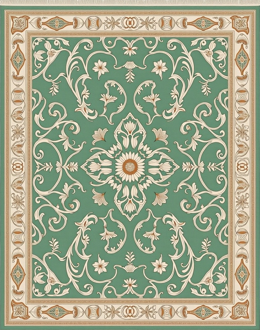 Teal Verdant Ornate Scroll Blossom Rug