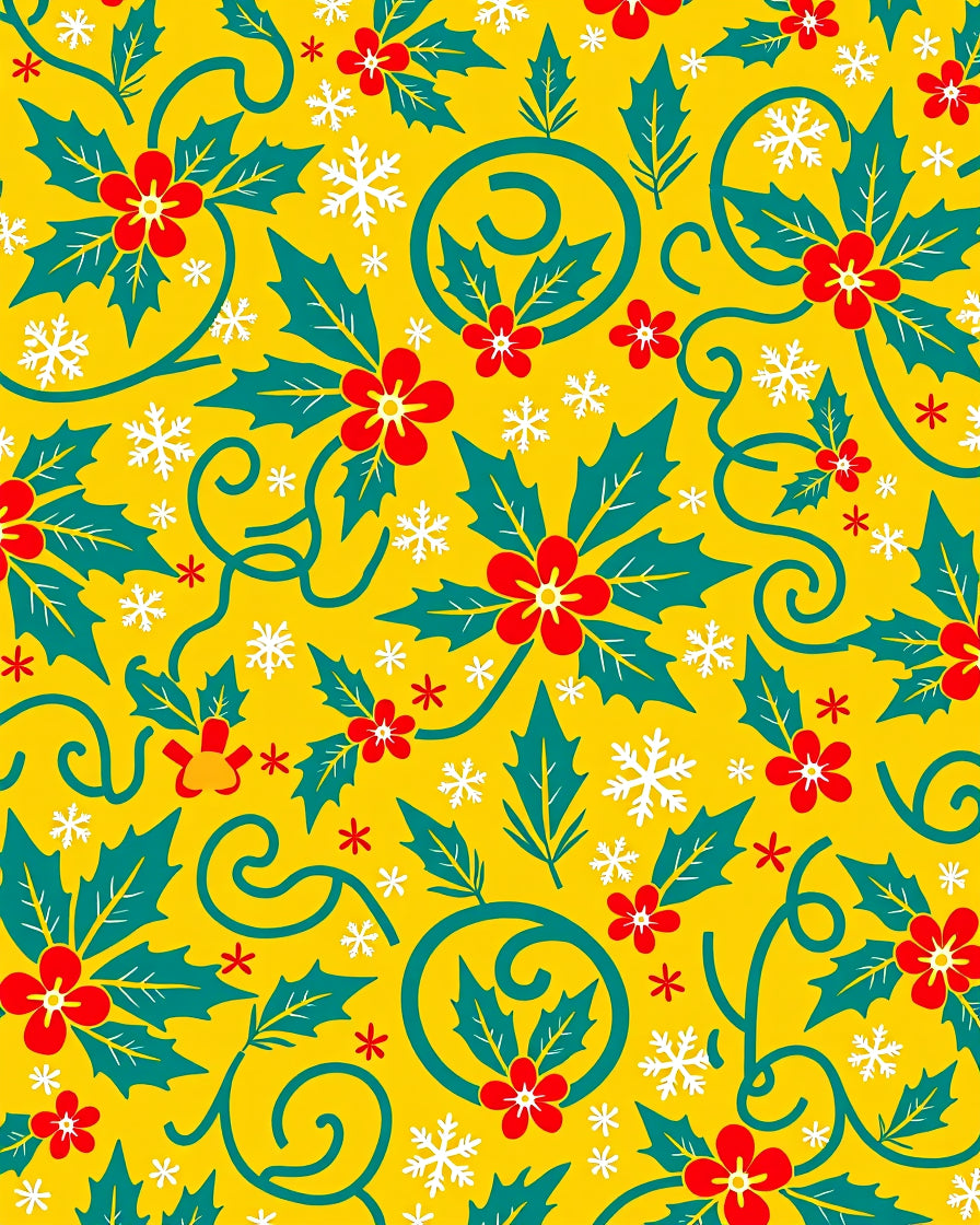 Golden Holly Flower Snowflake Swirls Rug