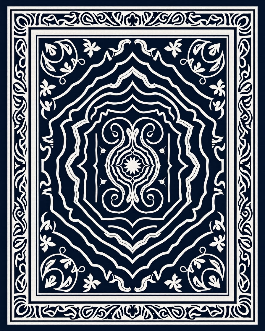 Classic Navy White Elaborate Floral Rug