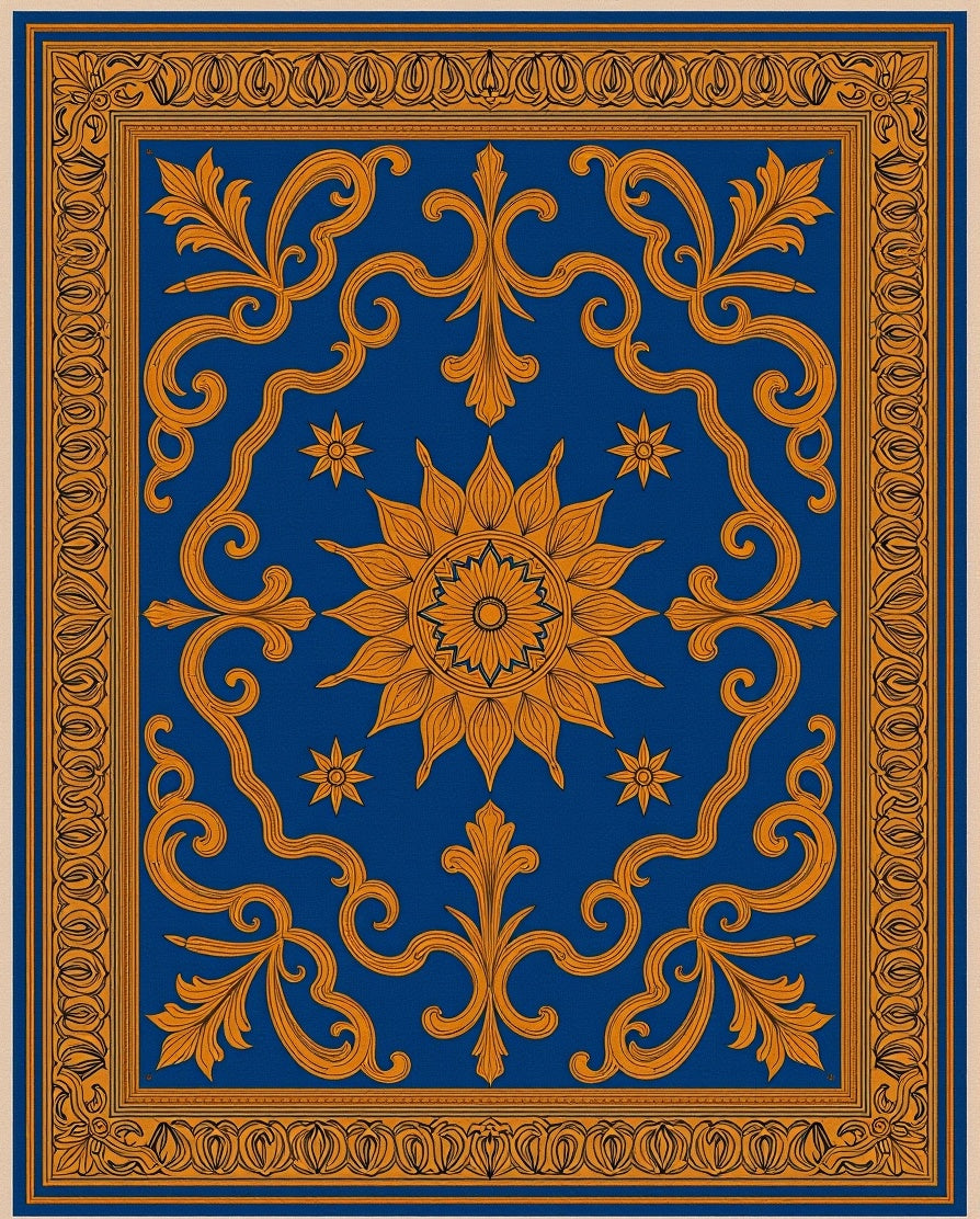 Ornate Golden Sun Blue Medallion Rug