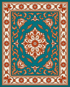 Teal Orange Floral Medallion Border Rug