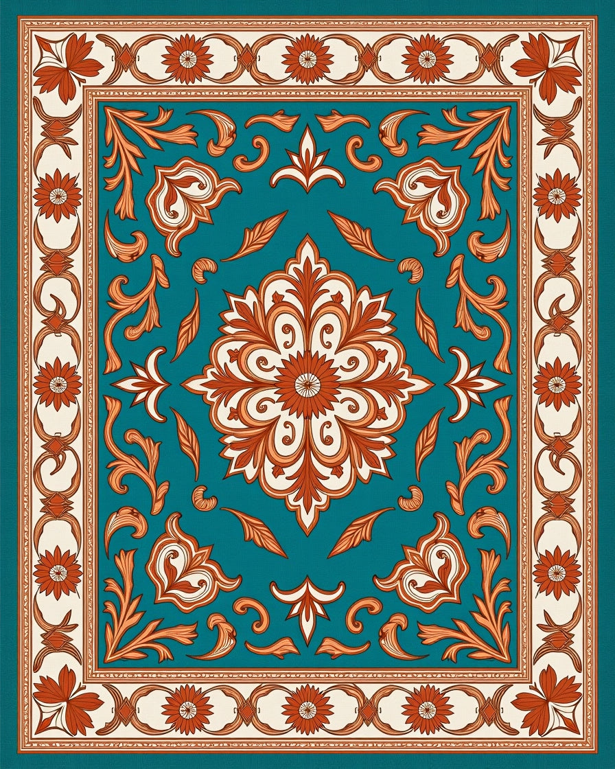 Teal Orange Floral Medallion Border Rug