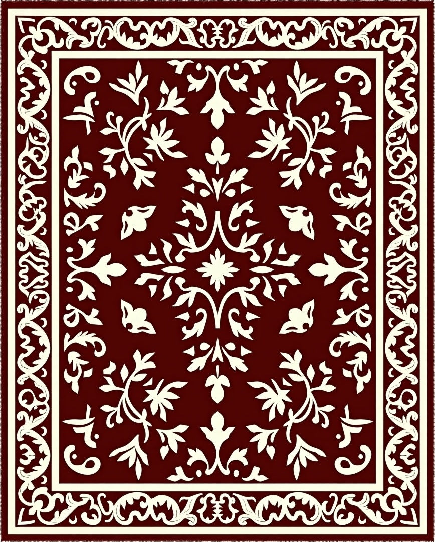 Deep Red Ivory Floral Vine Medallion Rug