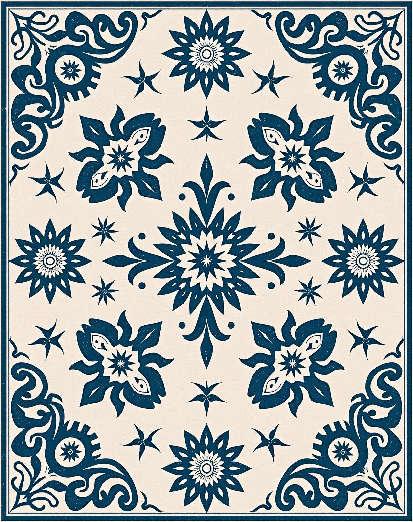 Navy Blue Floral Medallion Square Rug