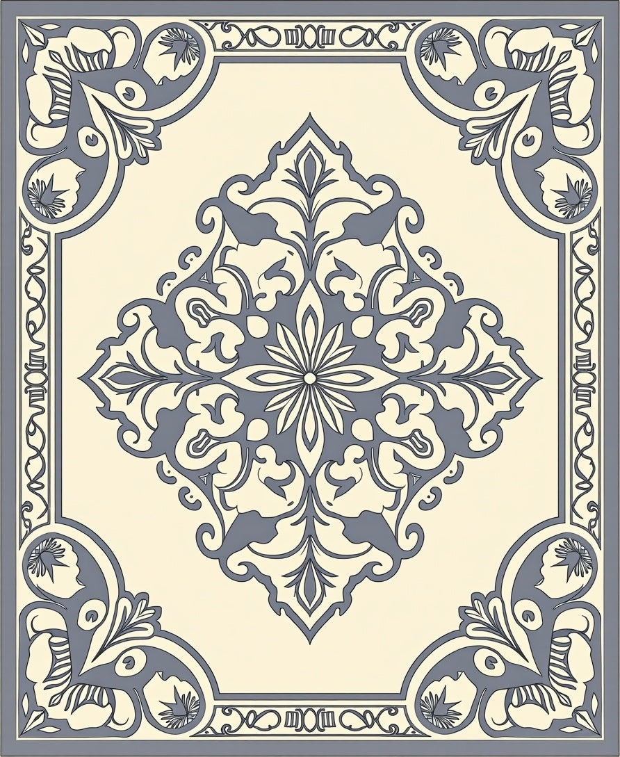 Cream Gray Elaborate Medallion Corner Rug