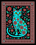 Turquoise Cat Floral Art Rug