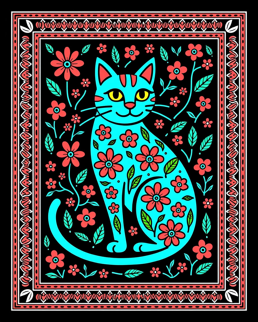 Turquoise Cat Floral Art Rug