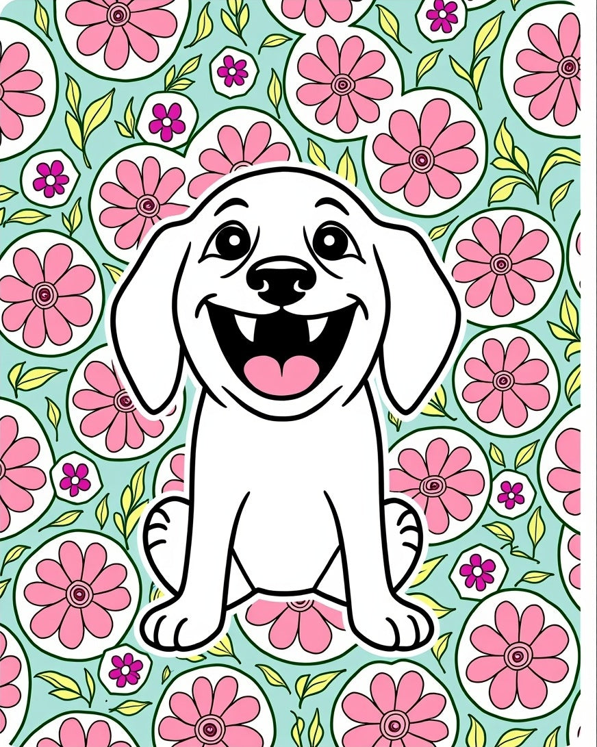 Happy White Puppy Floral Medallion Rug
