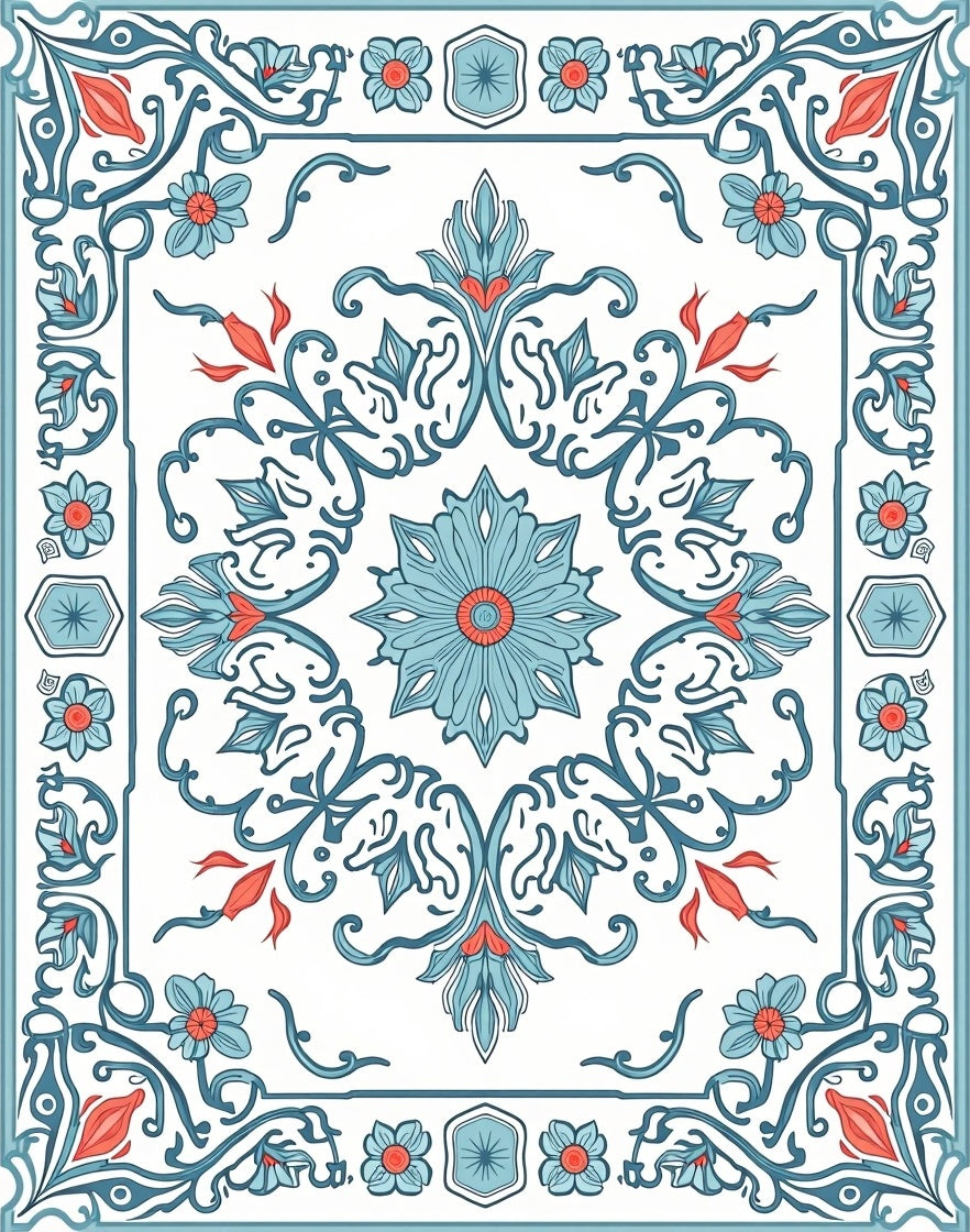 Blue Coral Floral Medallion Border Rug