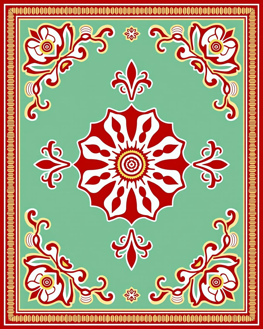 Red White Floral Medallion Mint Rug