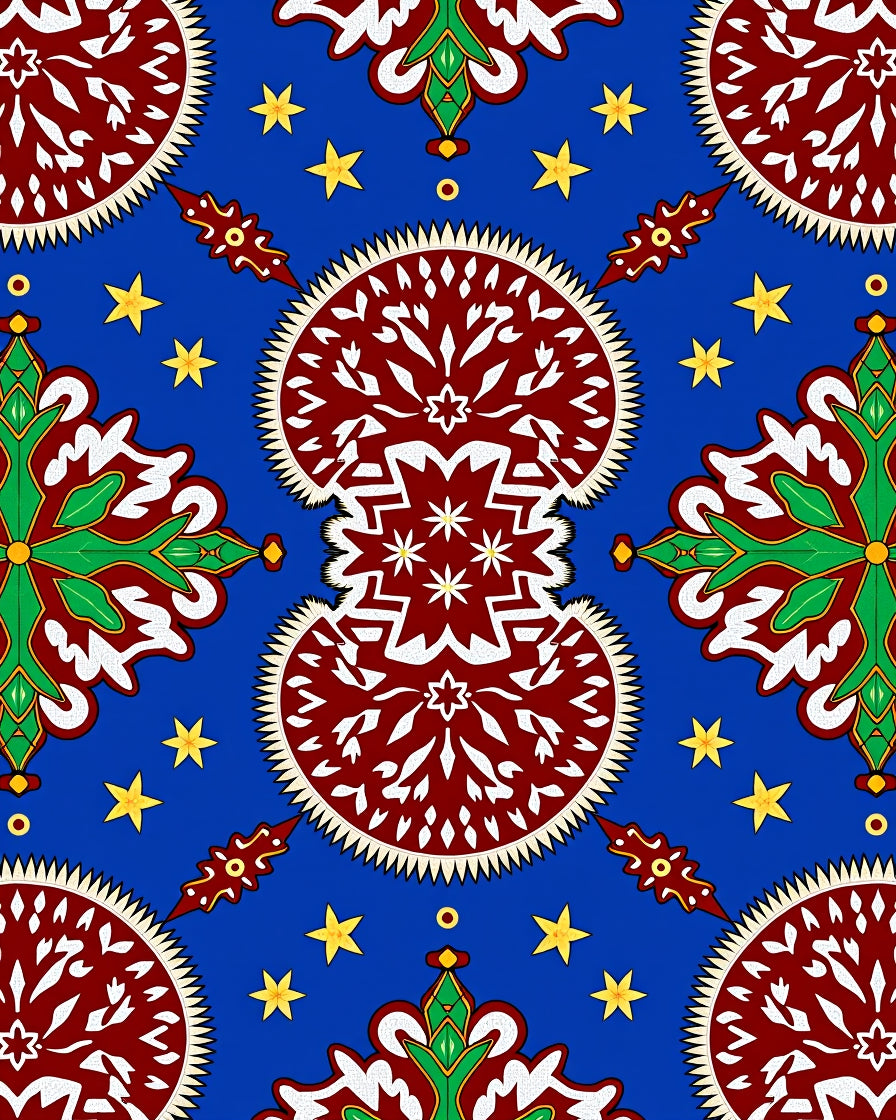 Vibrant Red Medallion Blue Star Scape Rug