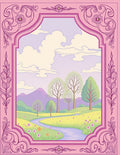 Pastel Pink Ornate Landscape Scene Rug